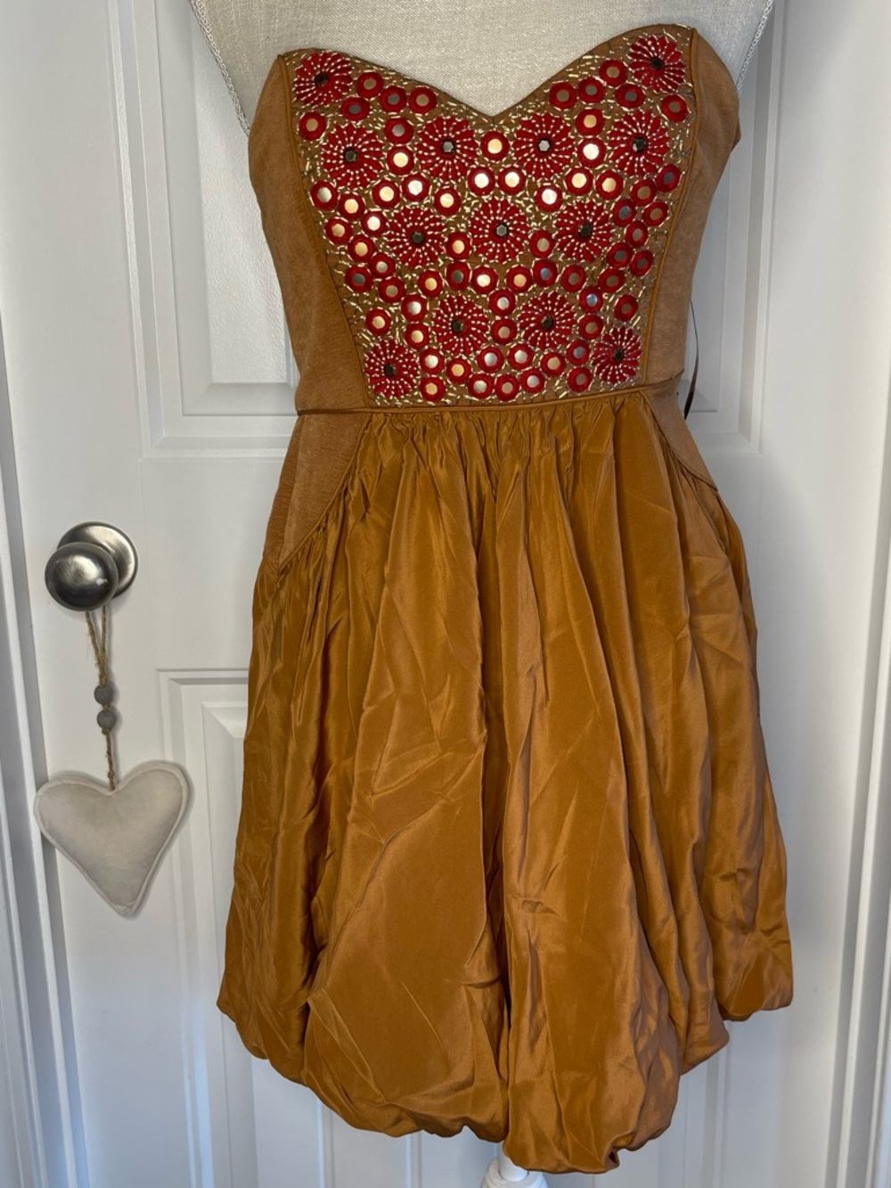 Festival TIBI Strapless Embroidered Bust Tan & Red Party Dress